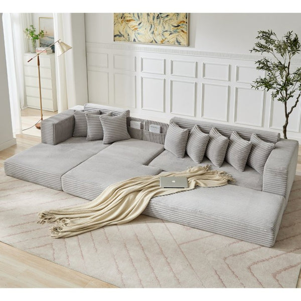 English Elm [new Arrived] Oversized Corduroy L-shape Sectional Converts to Floor Sleeper with Eight Pillows Light Gray Left Facing W2206S00023