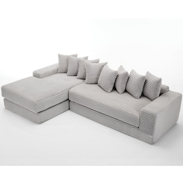 English Elm [new Arrived] Oversized Corduroy L-shape Sectional Converts to Floor Sleeper with Eight Pillows Light Gray Left Facing W2206S00023