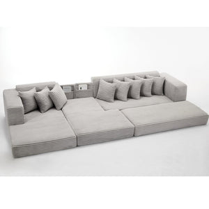 English Elm [new Arrived] Oversized Corduroy L-shape Sectional Converts to Floor Sleeper with Eight Pillows Light Gray Left Facing W2206S00023