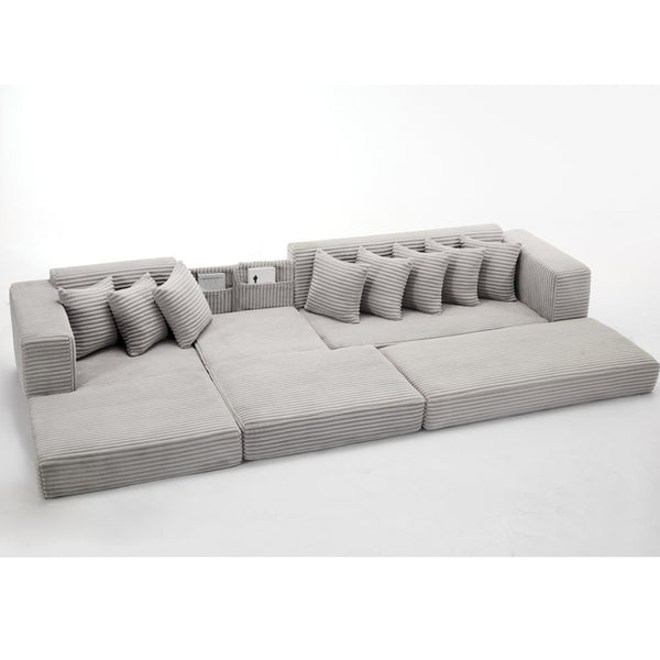 English Elm [new Arrived] Oversized Corduroy L-shape Sectional Converts to Floor Sleeper with Eight Pillows Light Gray Left Facing W2206S00023