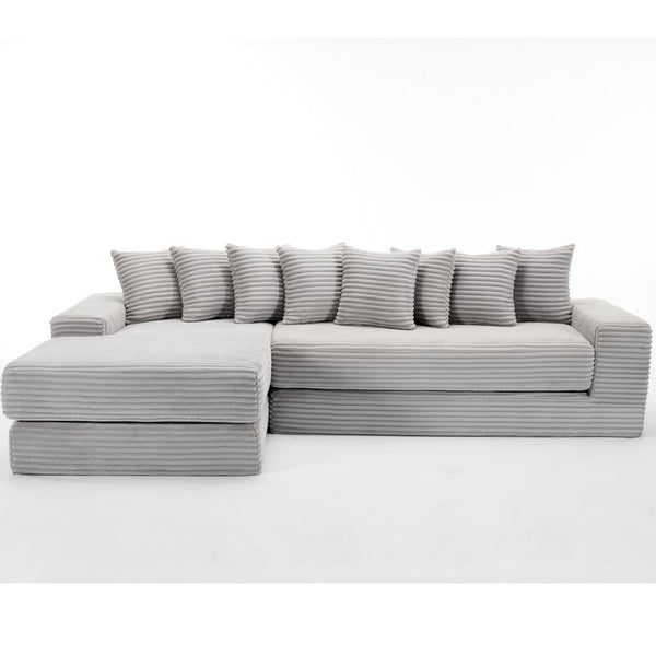 English Elm [new Arrived] Oversized Corduroy L-shape Sectional Converts to Floor Sleeper with Eight Pillows Light Gray Left Facing W2206S00023