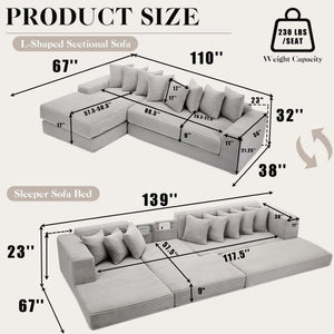 English Elm [new Arrived] Oversized Corduroy L-shape Sectional Converts to Floor Sleeper with Eight Pillows Light Gray Left Facing W2206S00023