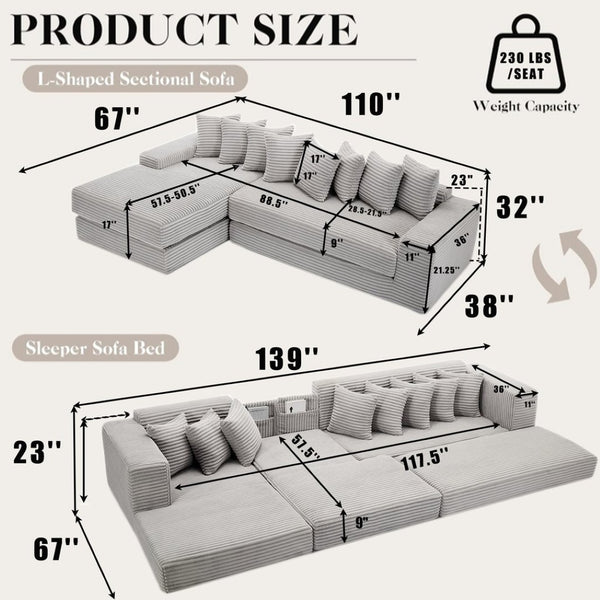 English Elm [new Arrived] Oversized Corduroy L-shape Sectional Converts to Floor Sleeper with Eight Pillows Light Gray Left Facing W2206S00023