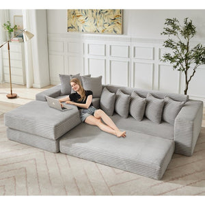 English Elm [new Arrived] Oversized Corduroy L-shape Sectional Converts to Floor Sleeper with Eight Pillows Light Gray Left Facing W2206S00023