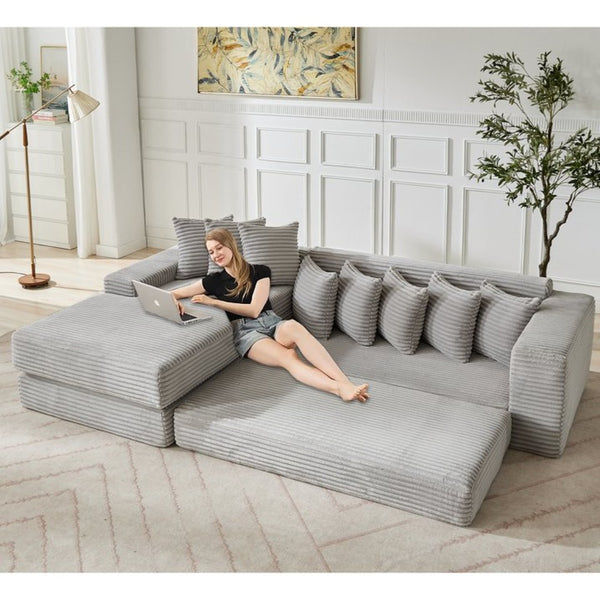 English Elm [new Arrived] Oversized Corduroy L-shape Sectional Converts to Floor Sleeper with Eight Pillows Light Gray Left Facing W2206S00023