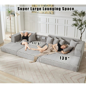 English Elm [new Arrived] Oversized Corduroy L-shape Sectional Converts to Floor Sleeper with Eight Pillows Light Gray Left Facing W2206S00023
