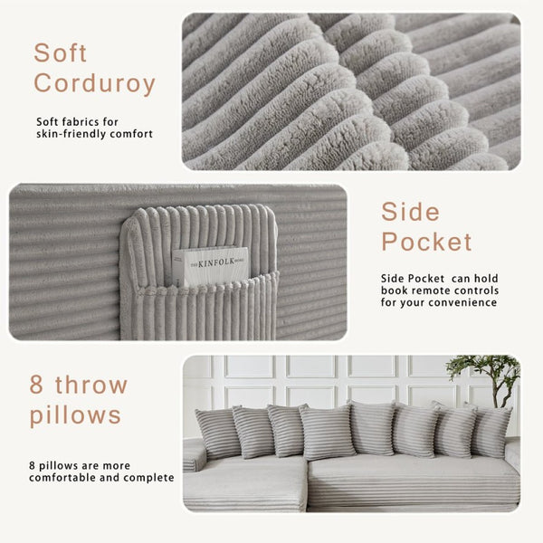 English Elm [new Arrived] Oversized Corduroy L-shape Sectional Converts to Floor Sleeper with Eight Pillows Light Gray Left Facing W2206S00023