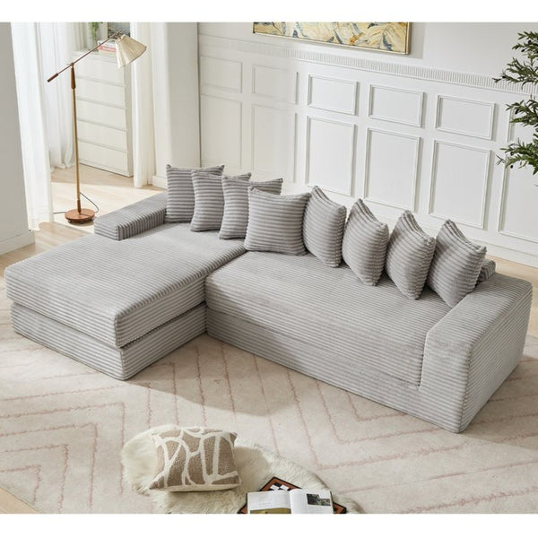 English Elm [new Arrived] Oversized Corduroy L-shape Sectional Converts to Floor Sleeper with Eight Pillows Light Gray Left Facing W2206S00023