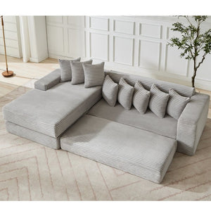 English Elm [new Arrived] Oversized Corduroy L-shape Sectional Converts to Floor Sleeper with Eight Pillows Light Gray Left Facing W2206S00023