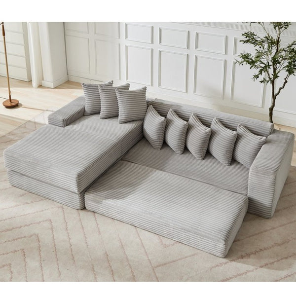 English Elm [new Arrived] Oversized Corduroy L-shape Sectional Converts to Floor Sleeper with Eight Pillows Light Gray Left Facing W2206S00023