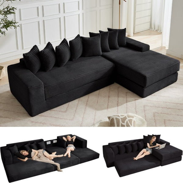 English Elm [new Arrived] Oversized Corduroy L-shape Sectional Converts to Floor Sleeper with Eight Pillows Black Right Facing W2206S00025