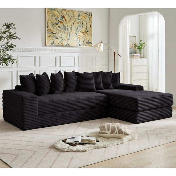 English Elm [new Arrived] Oversized Corduroy L-shape Sectional Converts to Floor Sleeper with Eight Pillows Black Right Facing W2206S00025