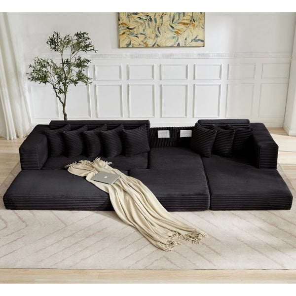 English Elm [new Arrived] Oversized Corduroy L-shape Sectional Converts to Floor Sleeper with Eight Pillows Black Right Facing W2206S00025