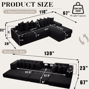English Elm [new Arrived] Oversized Corduroy L-shape Sectional Converts to Floor Sleeper with Eight Pillows Black Right Facing W2206S00025