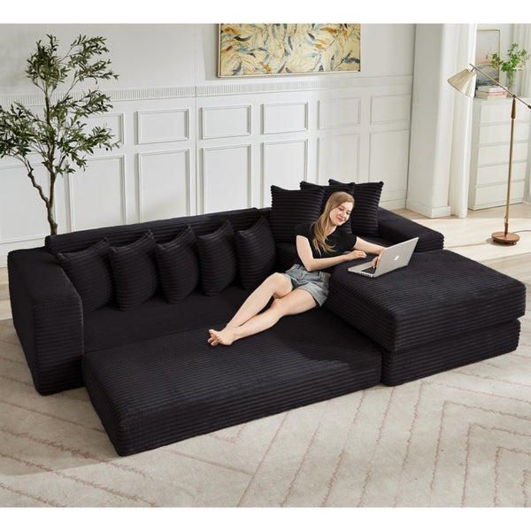 English Elm [new Arrived] Oversized Corduroy L-shape Sectional Converts to Floor Sleeper with Eight Pillows Black Right Facing W2206S00025