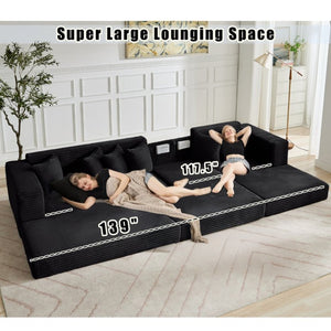 English Elm [new Arrived] Oversized Corduroy L-shape Sectional Converts to Floor Sleeper with Eight Pillows Black Right Facing W2206S00025