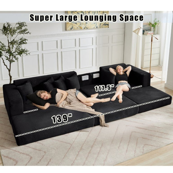 English Elm [new Arrived] Oversized Corduroy L-shape Sectional Converts to Floor Sleeper with Eight Pillows Black Right Facing W2206S00025