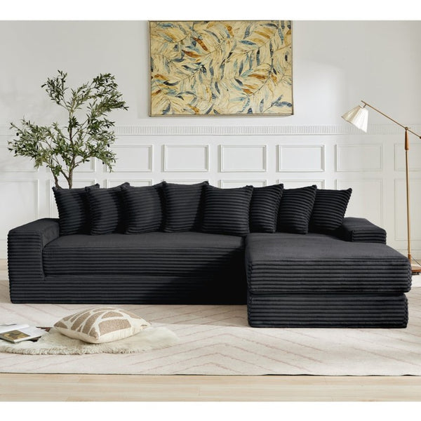 English Elm [new Arrived] Oversized Corduroy L-shape Sectional Converts to Floor Sleeper with Eight Pillows Black Right Facing W2206S00025