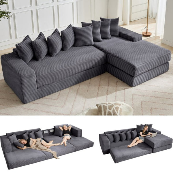 English Elm [new Arrived] Oversized Corduroy L-shape Sectional Converts to Floor Sleeper with Eight Pillows Dark Gray Right Facing W2206S00026