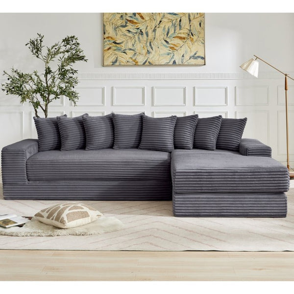 English Elm [new Arrived] Oversized Corduroy L-shape Sectional Converts to Floor Sleeper with Eight Pillows Dark Gray Right Facing W2206S00026