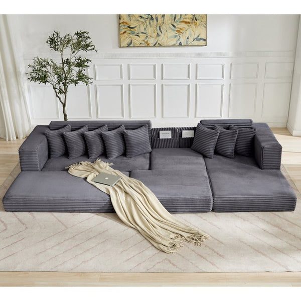 English Elm [new Arrived] Oversized Corduroy L-shape Sectional Converts to Floor Sleeper with Eight Pillows Dark Gray Right Facing W2206S00026
