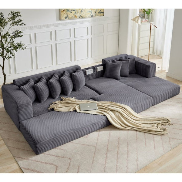 English Elm [new Arrived] Oversized Corduroy L-shape Sectional Converts to Floor Sleeper with Eight Pillows Dark Gray Right Facing W2206S00026