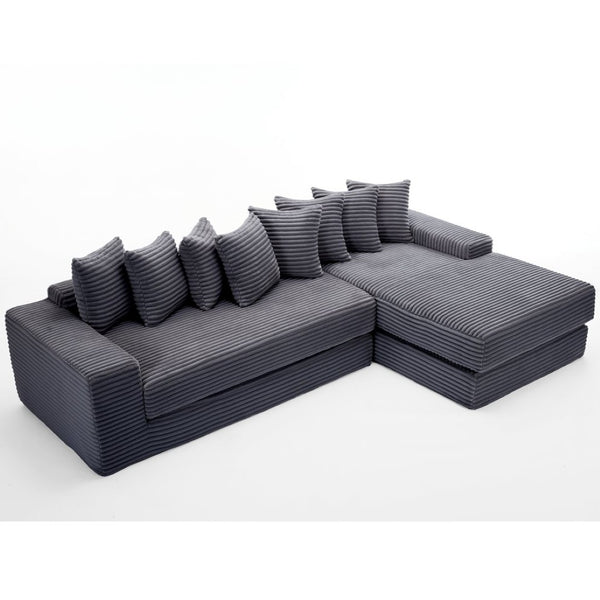 English Elm [new Arrived] Oversized Corduroy L-shape Sectional Converts to Floor Sleeper with Eight Pillows Dark Gray Right Facing W2206S00026