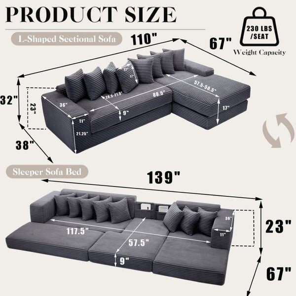 English Elm [new Arrived] Oversized Corduroy L-shape Sectional Converts to Floor Sleeper with Eight Pillows Dark Gray Right Facing W2206S00026