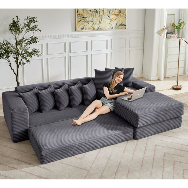 English Elm [new Arrived] Oversized Corduroy L-shape Sectional Converts to Floor Sleeper with Eight Pillows Dark Gray Right Facing W2206S00026