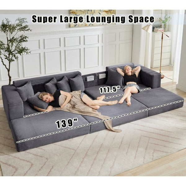 English Elm [new Arrived] Oversized Corduroy L-shape Sectional Converts to Floor Sleeper with Eight Pillows Dark Gray Right Facing W2206S00026