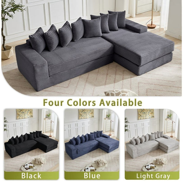 English Elm [new Arrived] Oversized Corduroy L-shape Sectional Converts to Floor Sleeper with Eight Pillows Dark Gray Right Facing W2206S00026
