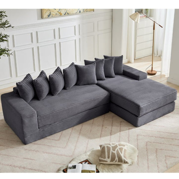 English Elm [new Arrived] Oversized Corduroy L-shape Sectional Converts to Floor Sleeper with Eight Pillows Dark Gray Right Facing W2206S00026