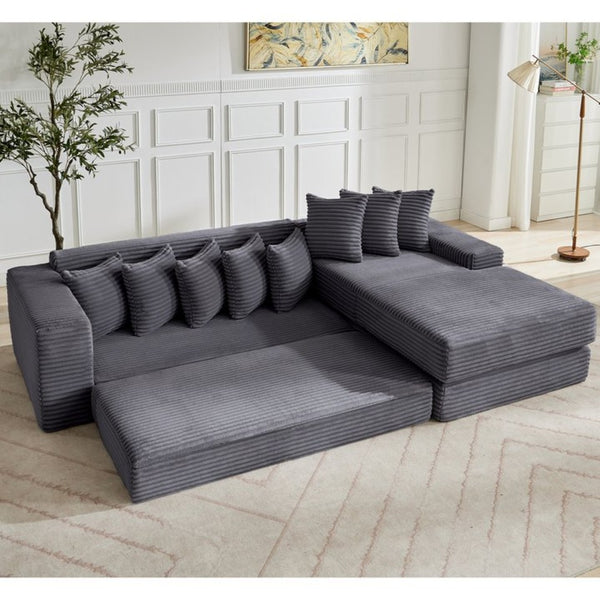 English Elm [new Arrived] Oversized Corduroy L-shape Sectional Converts to Floor Sleeper with Eight Pillows Dark Gray Right Facing W2206S00026