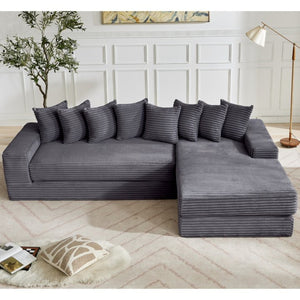English Elm [new Arrived] Oversized Corduroy L-shape Sectional Converts to Floor Sleeper with Eight Pillows Dark Gray Right Facing W2206S00026