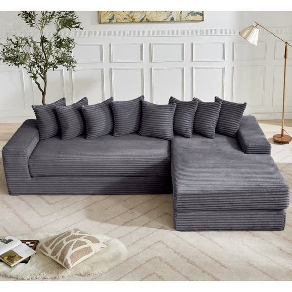 English Elm [new Arrived] Oversized Corduroy L-shape Sectional Converts to Floor Sleeper with Eight Pillows Dark Gray Right Facing W2206S00026