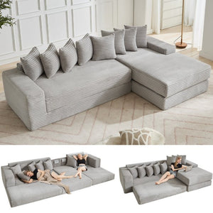 English Elm [new Arrived] Oversized Corduroy L-shape Sectional Converts to Floor Sleeper with Eight Pillows Light Gray Right Facing W2206S00027