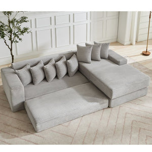 English Elm [new Arrived] Oversized Corduroy L-shape Sectional Converts to Floor Sleeper with Eight Pillows Light Gray Right Facing W2206S00027