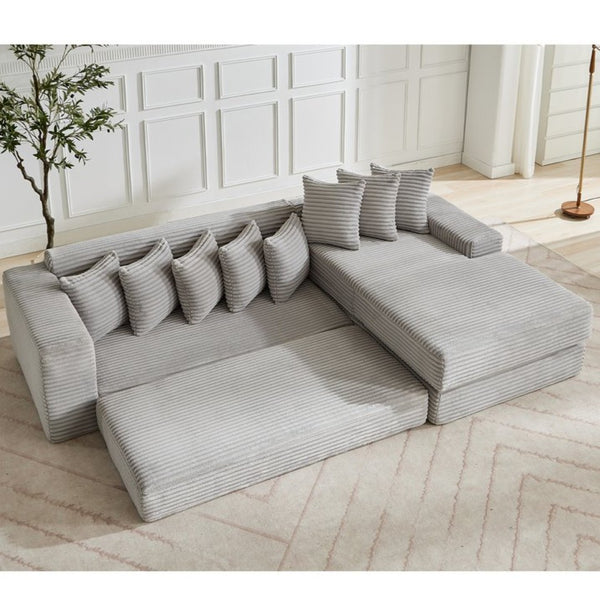 English Elm [new Arrived] Oversized Corduroy L-shape Sectional Converts to Floor Sleeper with Eight Pillows Light Gray Right Facing W2206S00027
