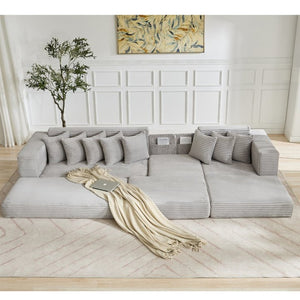 English Elm [new Arrived] Oversized Corduroy L-shape Sectional Converts to Floor Sleeper with Eight Pillows Light Gray Right Facing W2206S00027