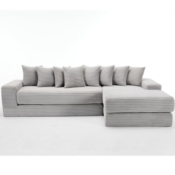 English Elm [new Arrived] Oversized Corduroy L-shape Sectional Converts to Floor Sleeper with Eight Pillows Light Gray Right Facing W2206S00027