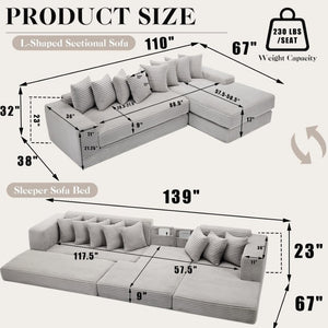 English Elm [new Arrived] Oversized Corduroy L-shape Sectional Converts to Floor Sleeper with Eight Pillows Light Gray Right Facing W2206S00027