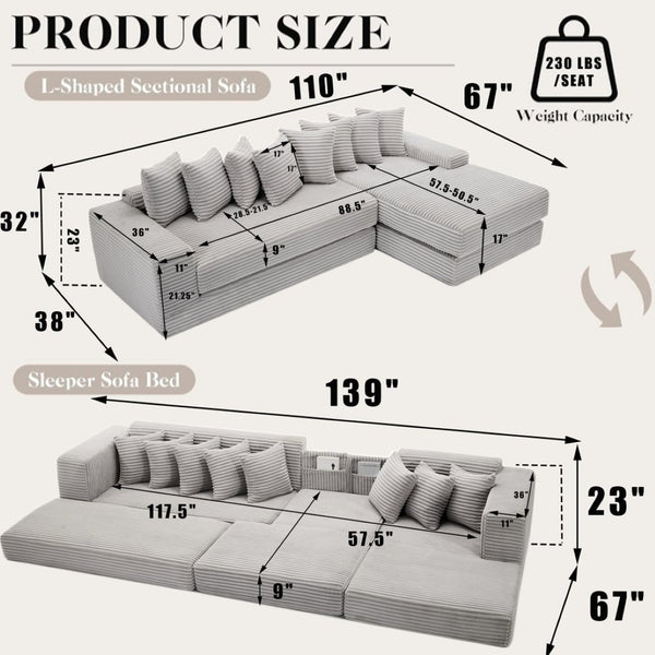 English Elm [new Arrived] Oversized Corduroy L-shape Sectional Converts to Floor Sleeper with Eight Pillows Light Gray Right Facing W2206S00027