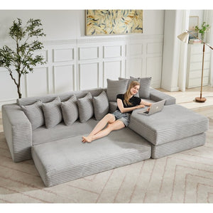 English Elm [new Arrived] Oversized Corduroy L-shape Sectional Converts to Floor Sleeper with Eight Pillows Light Gray Right Facing W2206S00027