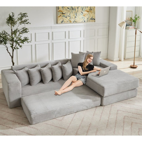 English Elm [new Arrived] Oversized Corduroy L-shape Sectional Converts to Floor Sleeper with Eight Pillows Light Gray Right Facing W2206S00027