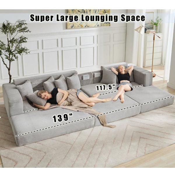 English Elm [new Arrived] Oversized Corduroy L-shape Sectional Converts to Floor Sleeper with Eight Pillows Light Gray Right Facing W2206S00027