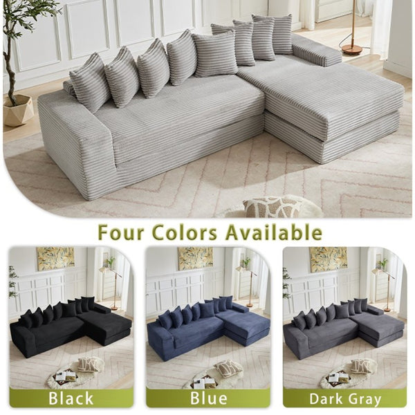 English Elm [new Arrived] Oversized Corduroy L-shape Sectional Converts to Floor Sleeper with Eight Pillows Light Gray Right Facing W2206S00027