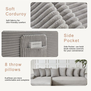 English Elm [new Arrived] Oversized Corduroy L-shape Sectional Converts to Floor Sleeper with Eight Pillows Light Gray Right Facing W2206S00027