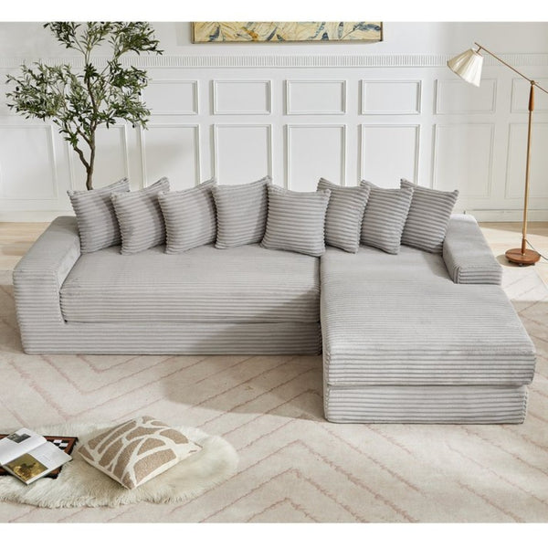 English Elm [new Arrived] Oversized Corduroy L-shape Sectional Converts to Floor Sleeper with Eight Pillows Light Gray Right Facing W2206S00027