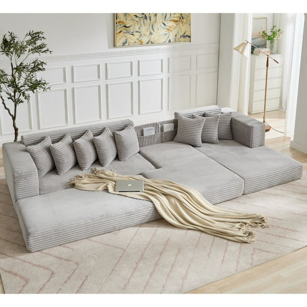 English Elm [new Arrived] Oversized Corduroy L-shape Sectional Converts to Floor Sleeper with Eight Pillows Light Gray Right Facing W2206S00027