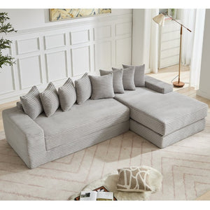 English Elm [new Arrived] Oversized Corduroy L-shape Sectional Converts to Floor Sleeper with Eight Pillows Light Gray Right Facing W2206S00027